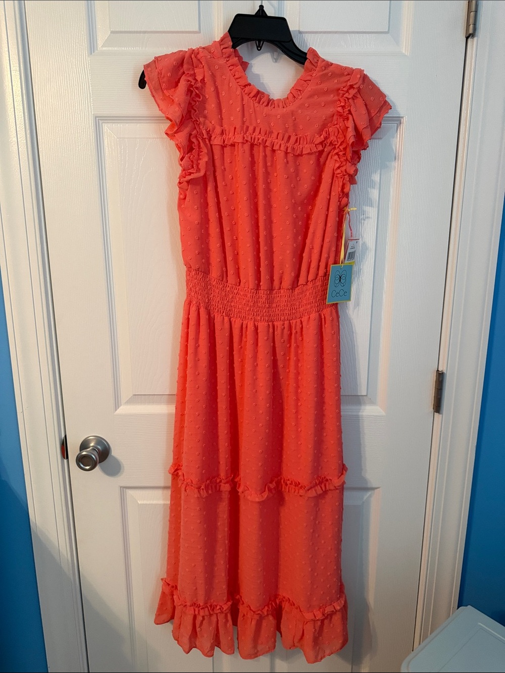 CeCe Coral Ruffle-Tiered Swiss Dot Dress